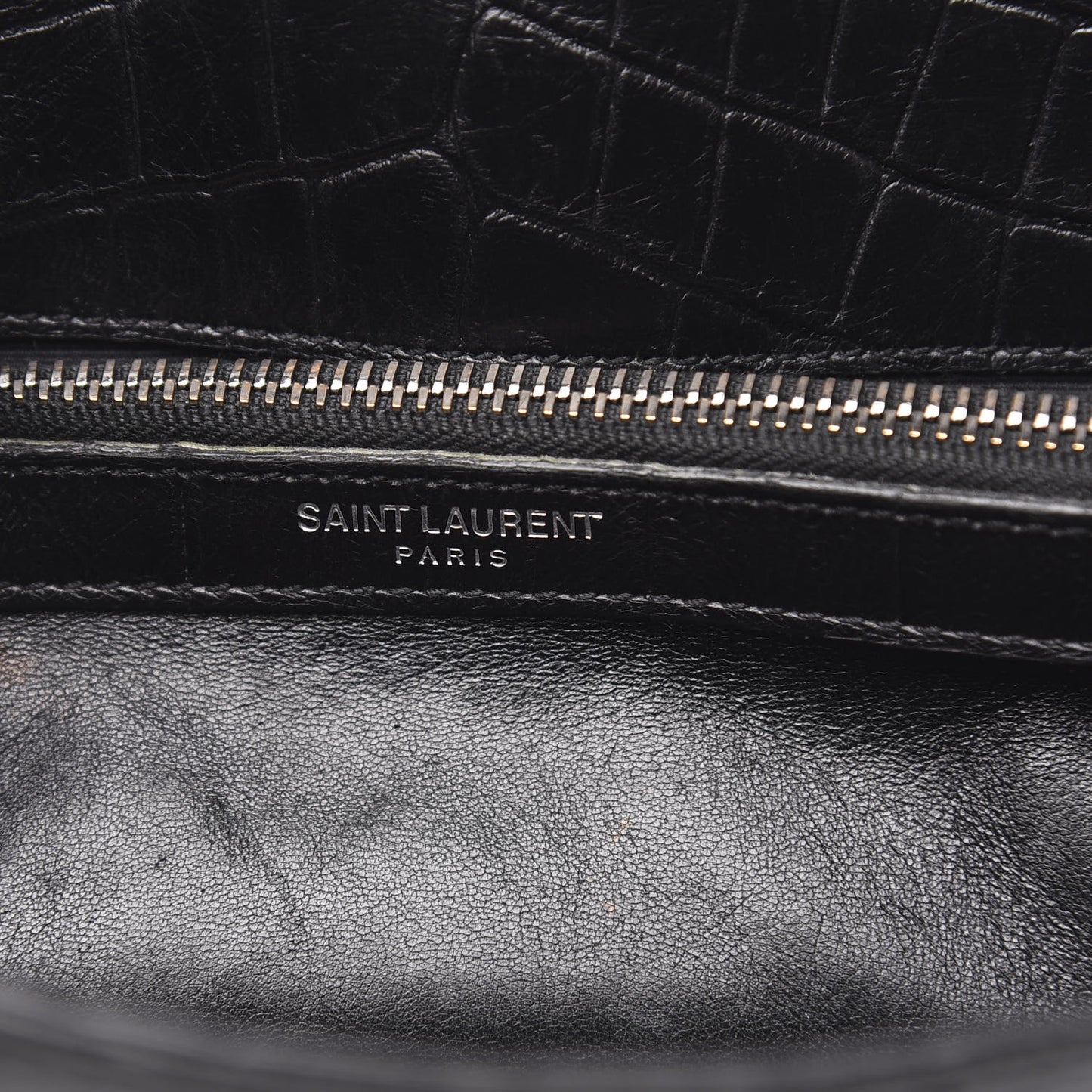 Calfskin Crocodile Embossed Medium College Monogram Satchel Black