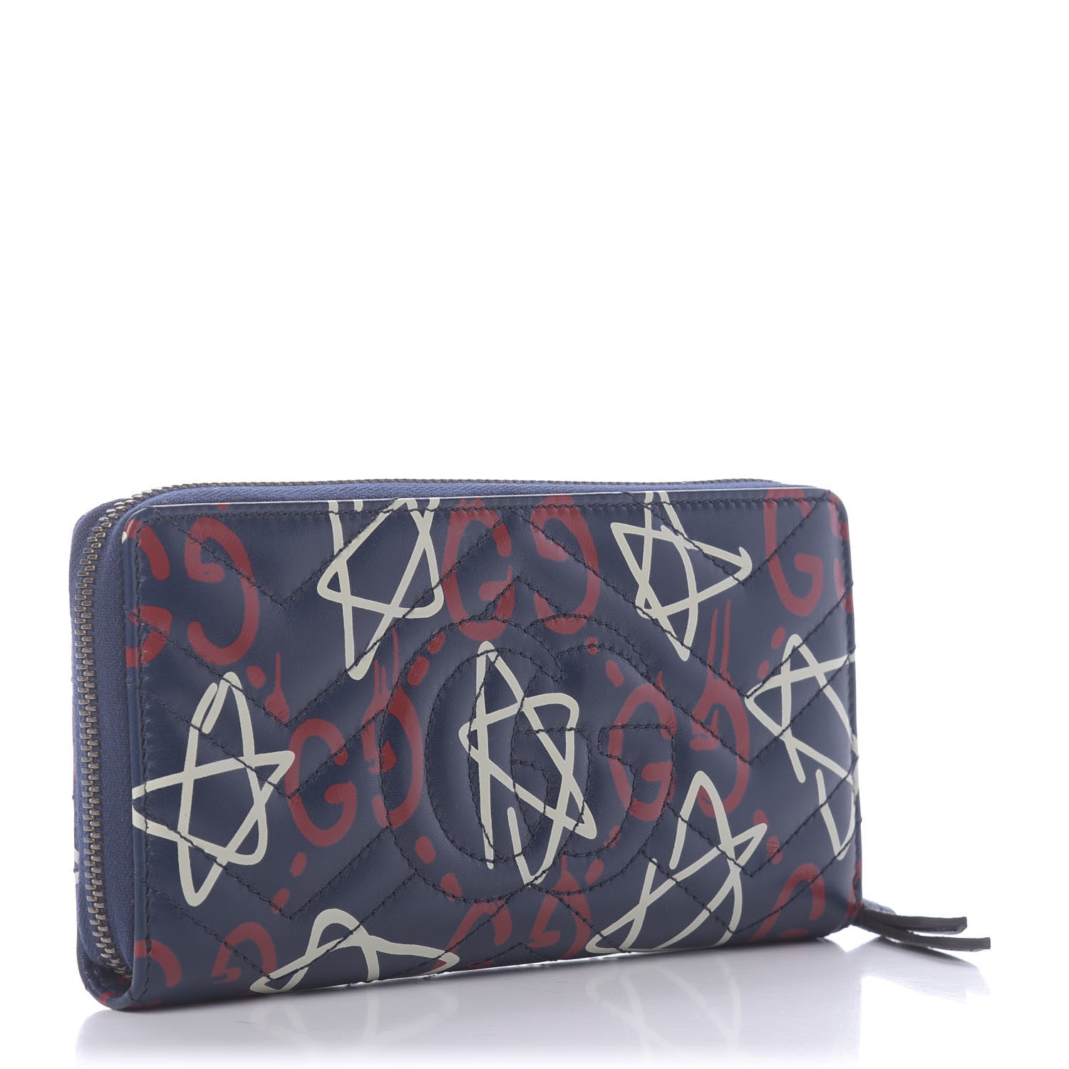 Gucci Calfskin Matelasse GucciGhost GG Marmont Zip Around Wallet Blue Agata Hibiscus Red 3 of 10