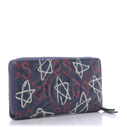 Gucci Calfskin Matelasse GucciGhost GG Marmont Zip Around Wallet Blue Agata Hibiscus Red 3 of 10