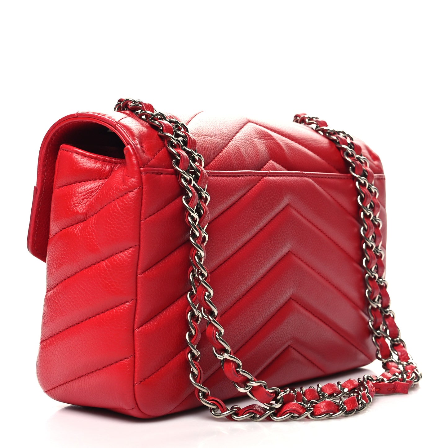 Caviar Chevron Quilted Single Flap Red