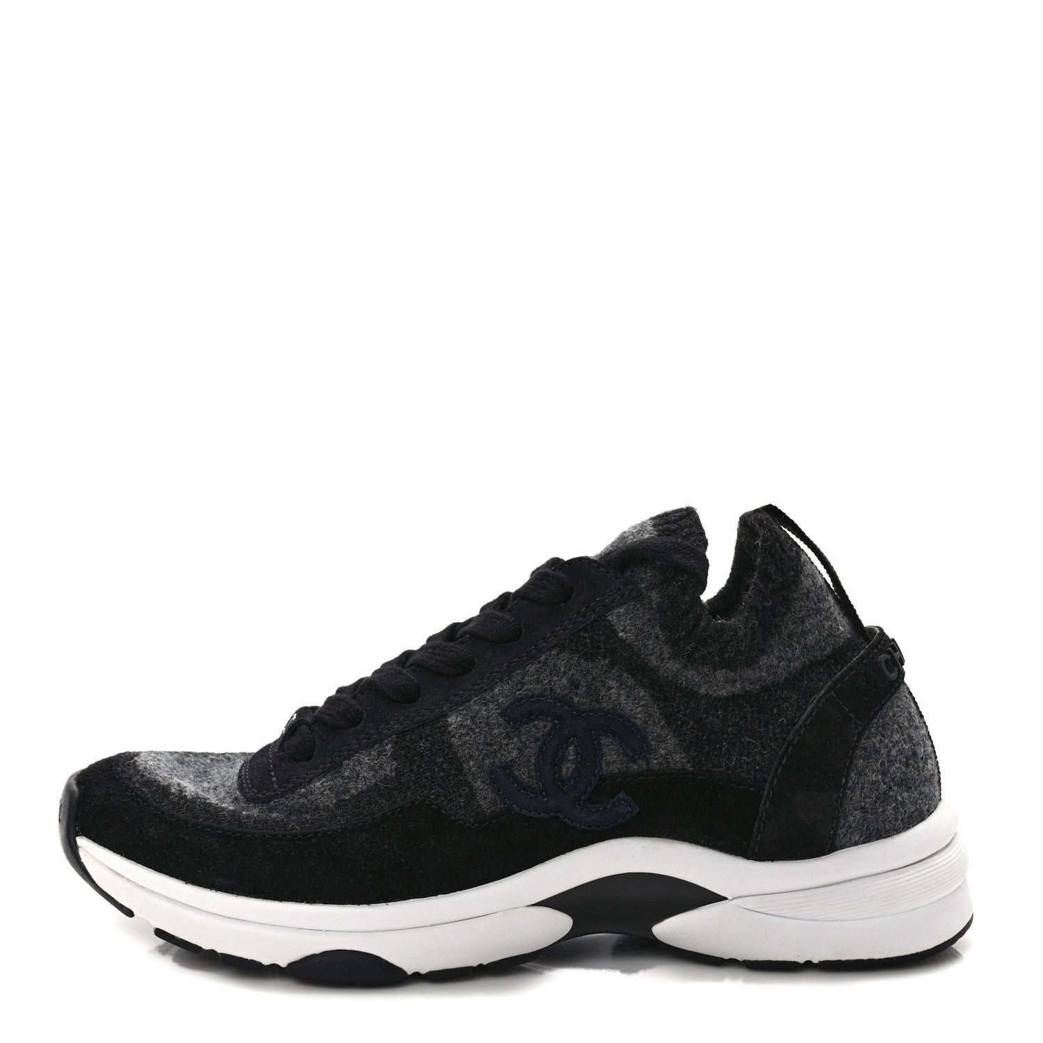 Chanel Fabric Suede Calfskin Womens CC Sneakers 36.5 Black Grey 1 of 7