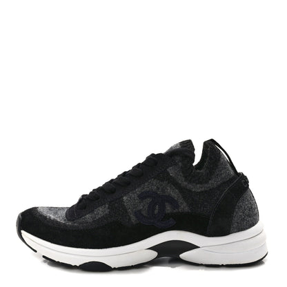 Chanel Fabric Suede Calfskin Womens CC Sneakers 36.5 Black Grey 1 of 7
