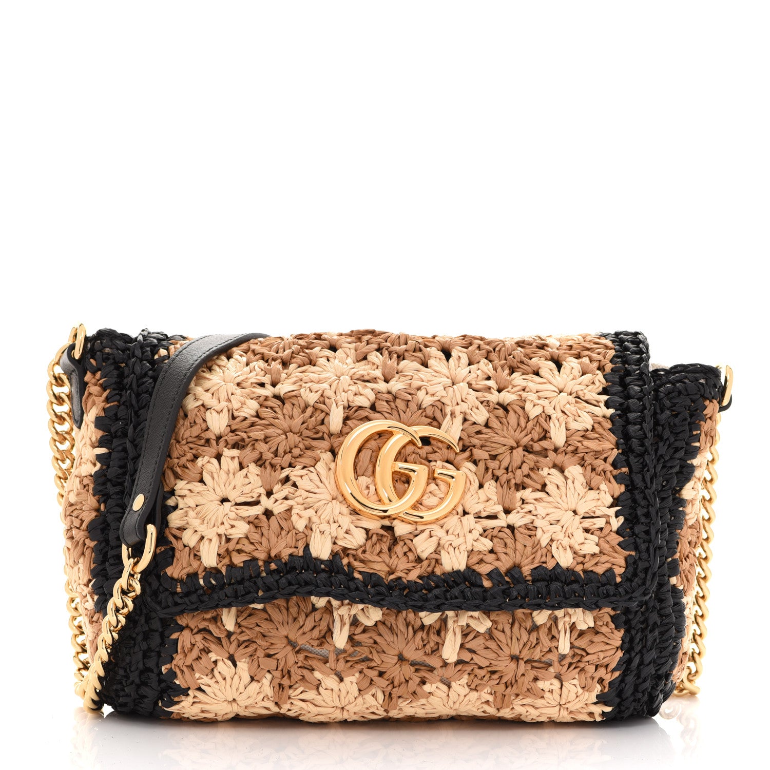 Gucci Raffia Azalea Calfskin Crochet Flower Small GG Marmont Shoulder Bag Natural Ecru Black 1 of 11