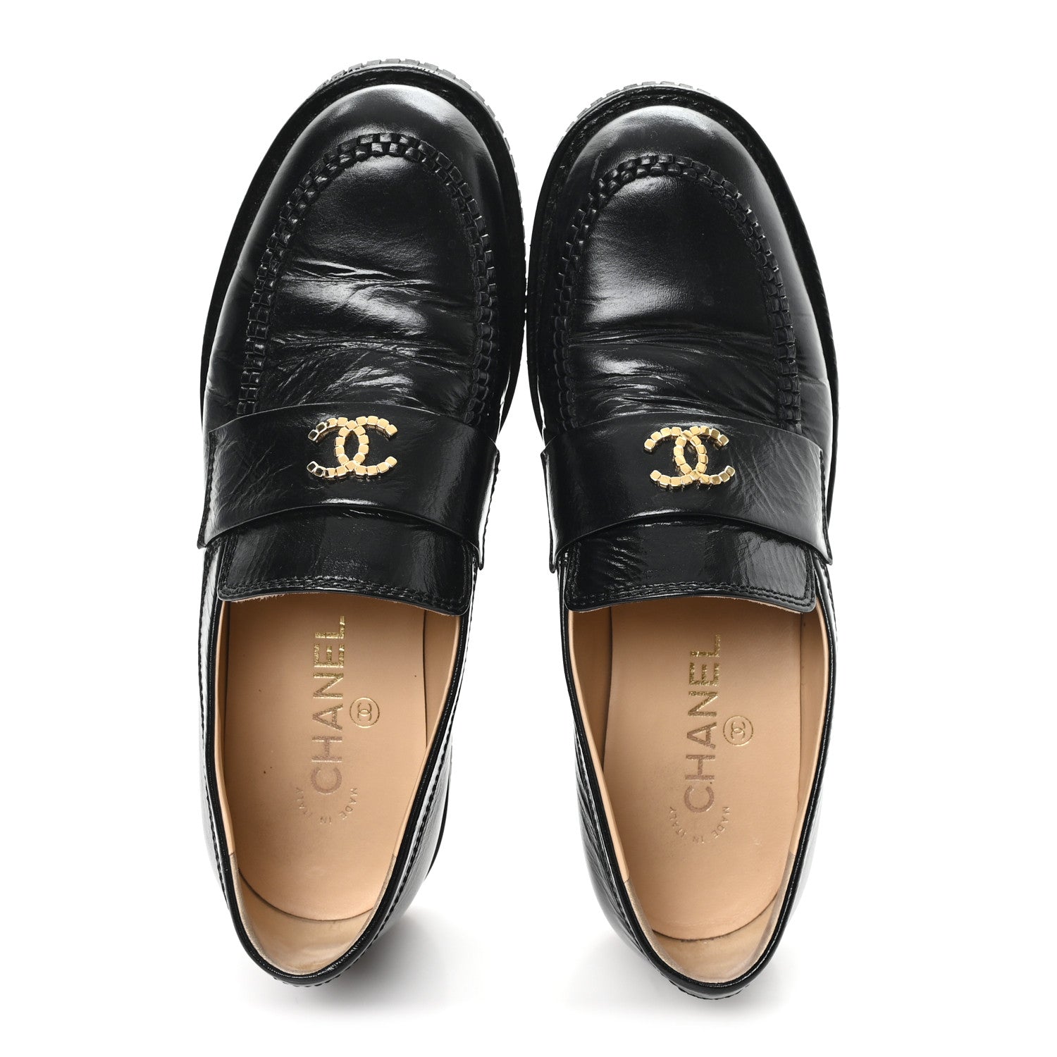 Chanel Shiny Crumpled Calfskin CC Mocassin Loafers 38.5 Black 2 of 11