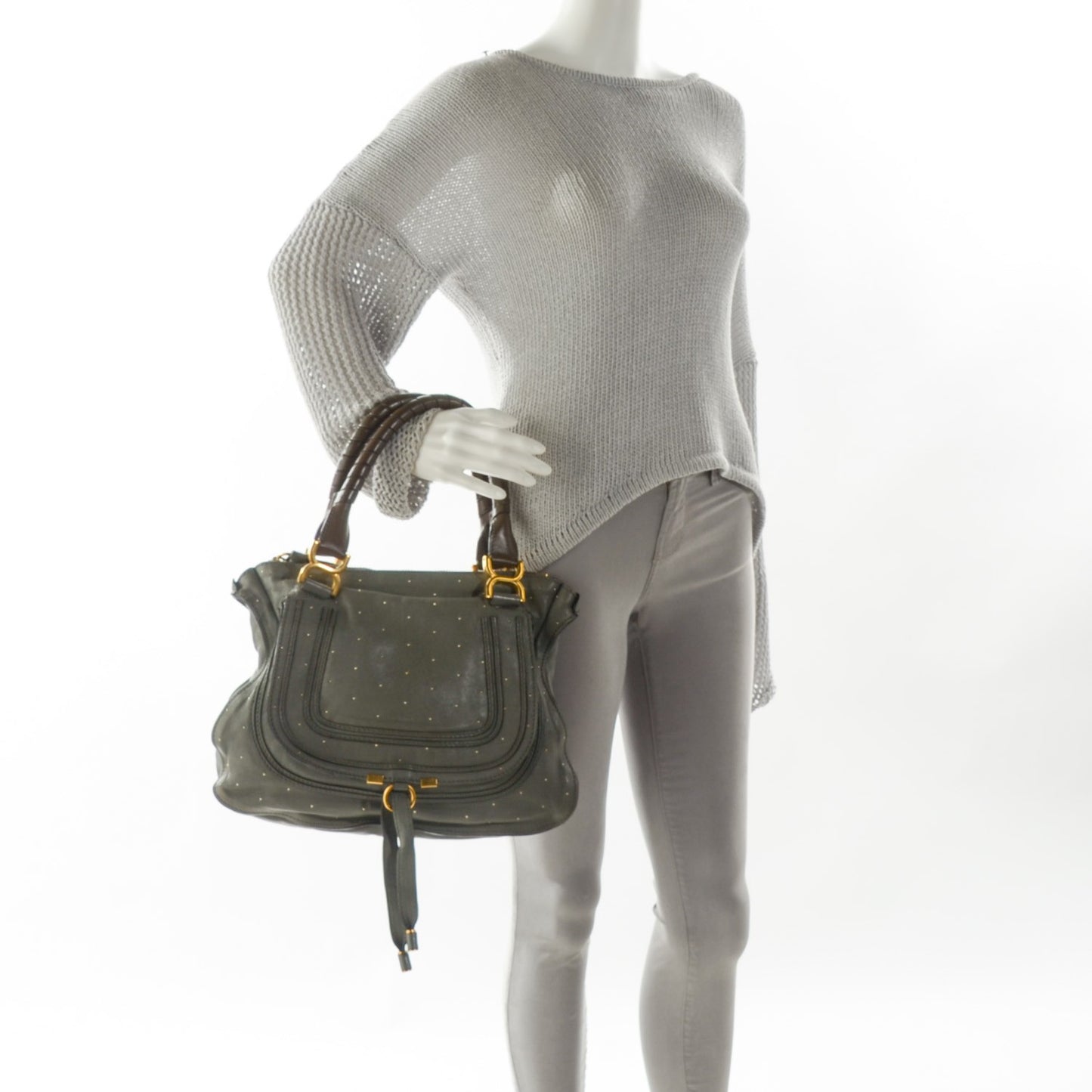 Calfskin Studded Small Marcie Satchel Stone