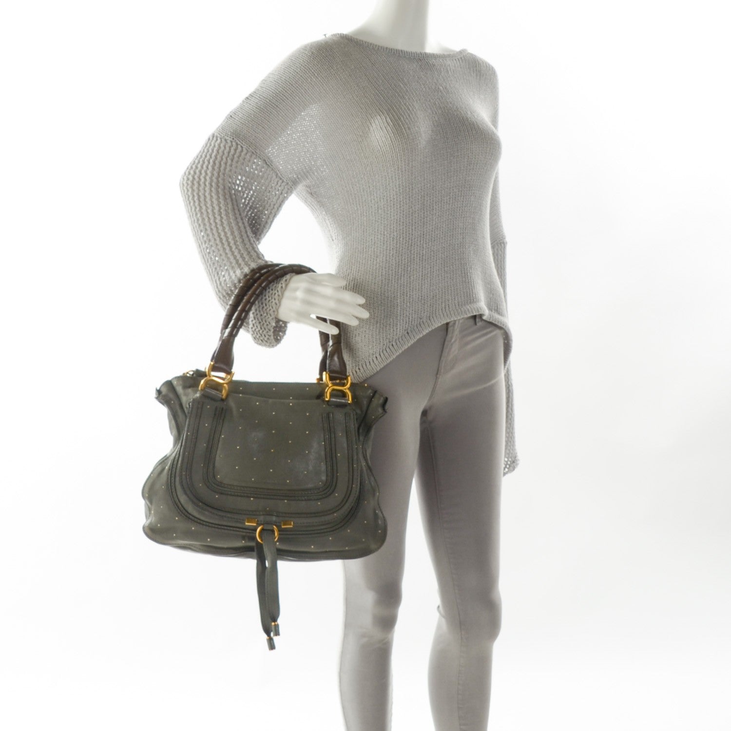 Chloe Calfskin Studded Small Marcie Satchel Stone 2 of 9