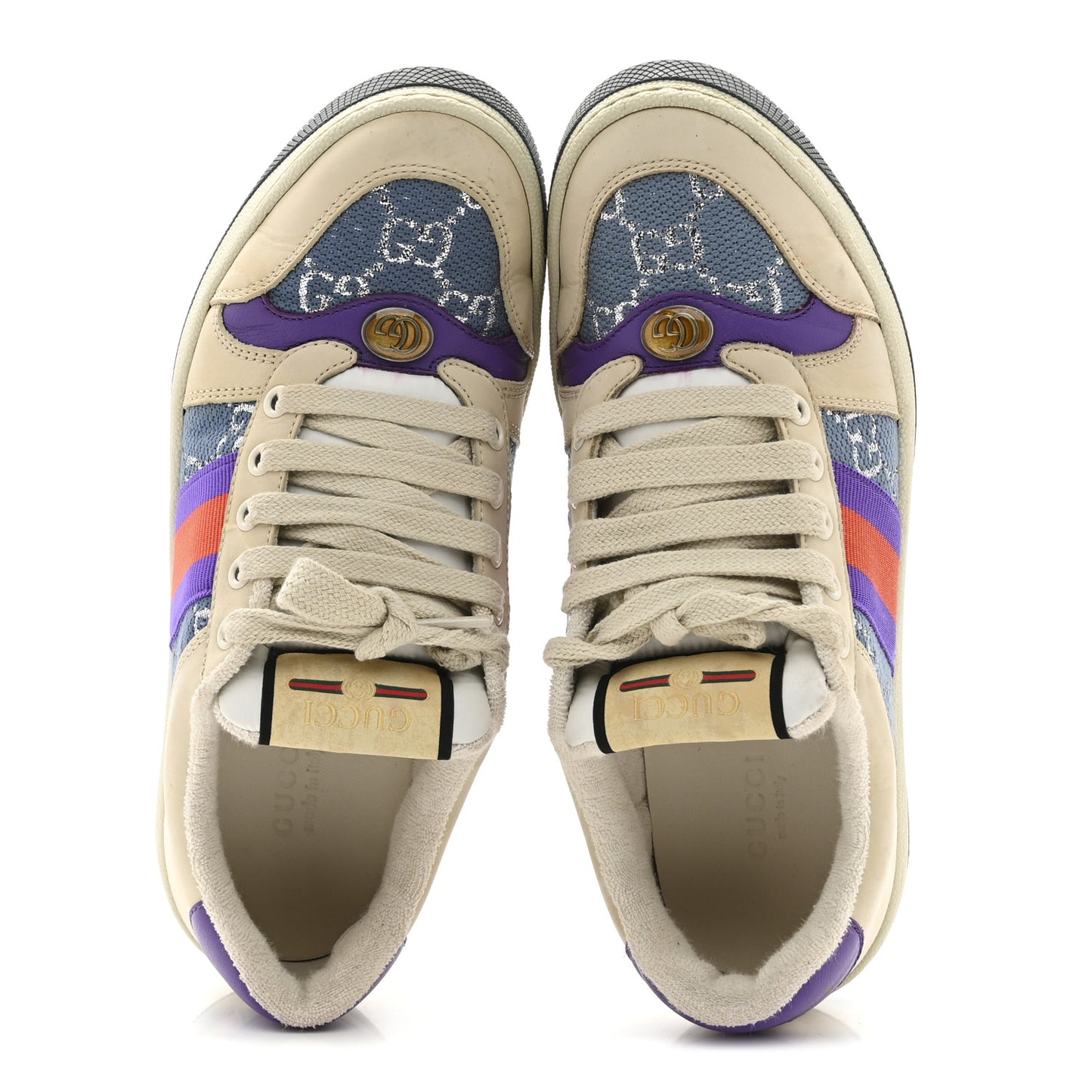 Calfskin Lame GG Monogram Web Womens Screener Sneakers 37.5 Blue Silver Dusty Milk Shine Purple