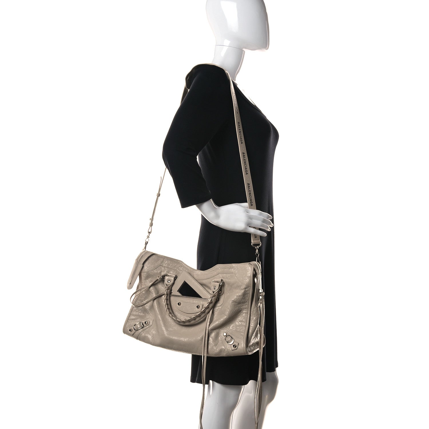 Balenciaga Agneau Classic Silver Hardware City Logo Strap Light Beige Black 2 of 12