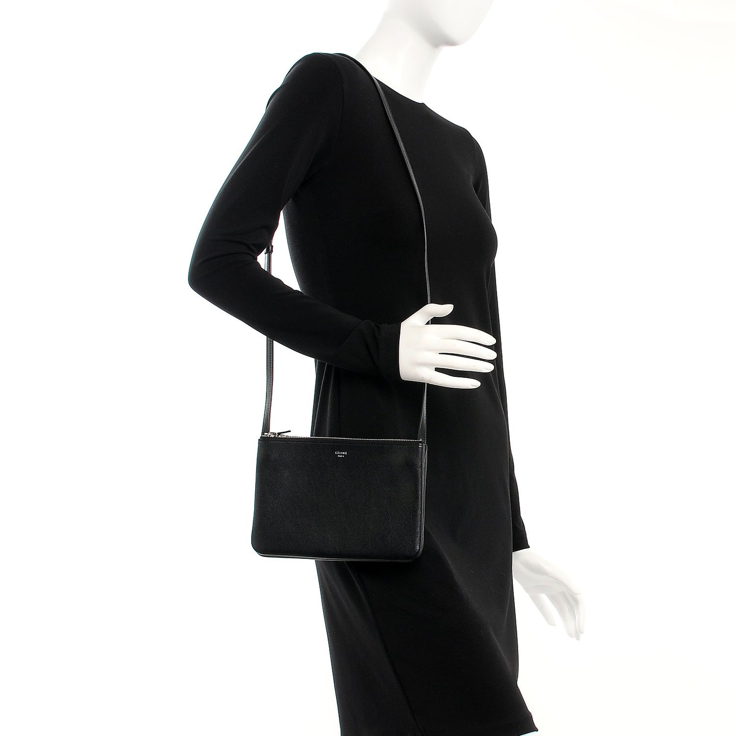Shiny Textured Calfskin Small Trio Crossbody Bag Black