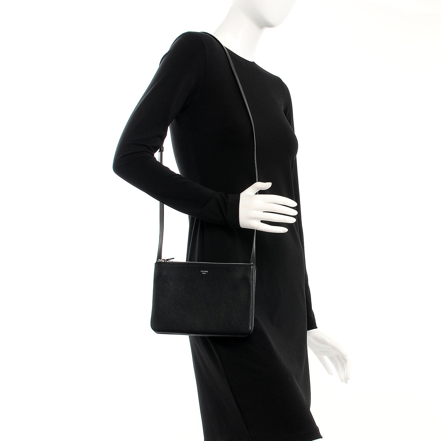 Celine Shiny Textured Calfskin Small Trio Crossbody Bag Black 2 of 7
