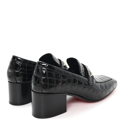 Christian Louboutin Soft Calfskin Alligator Embossed MJ Moc Heeled Loafers 37.5 Black 5 of 9