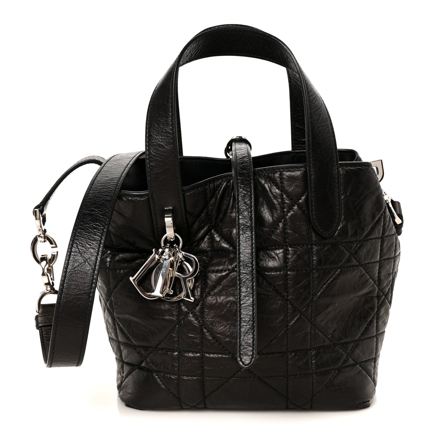 Crinkled Calfskin Macrocannage Small Toujours Vertical Tote Black