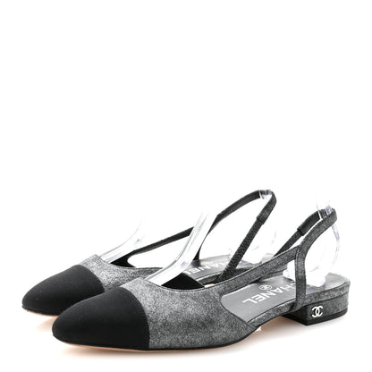 Chanel Lambskin Grosgrain Cap Toe CC Slingback Flats 35.5 Silver Black 4 of 10