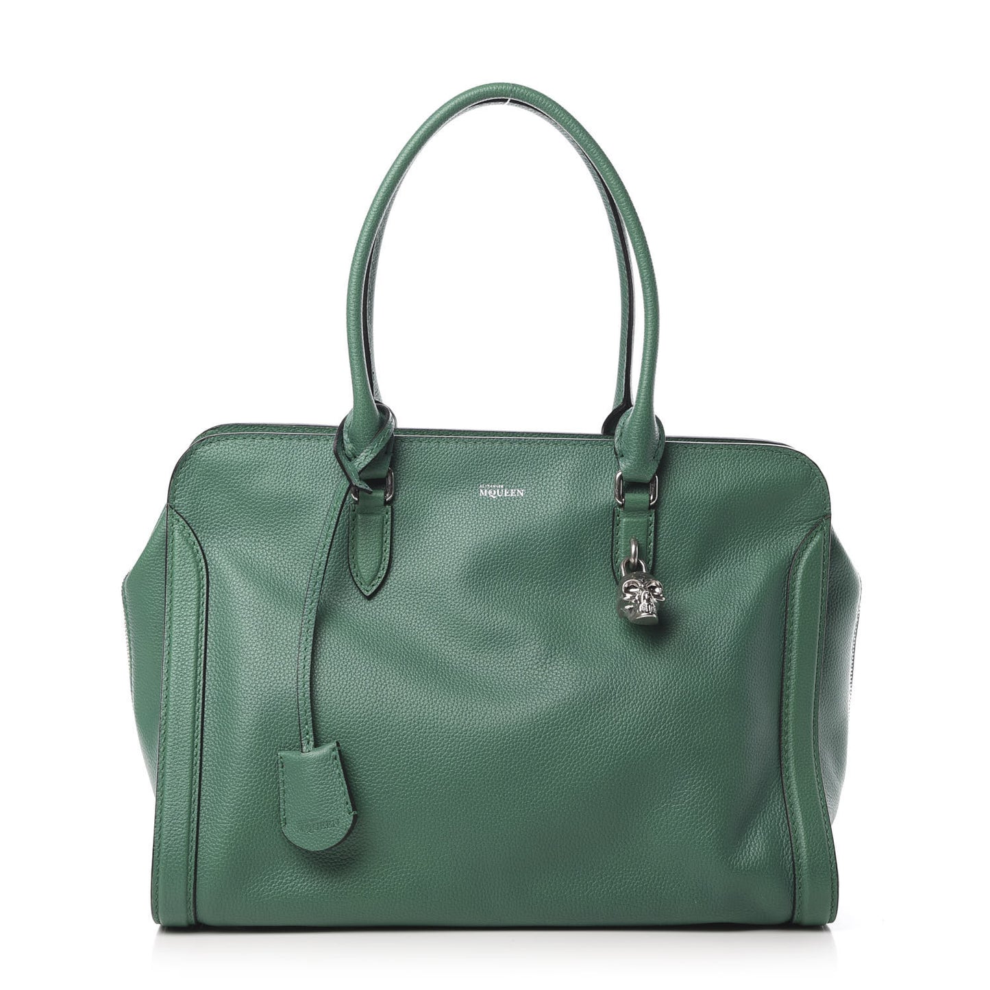 Pebbled Calfskin Large Skull Padlock Zip Around Tote Emerald