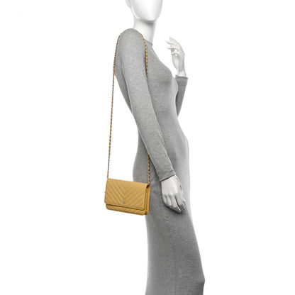 Chanel Lambskin Chevron Quilted Wallet On Chain WOC Yellow 2 of 12