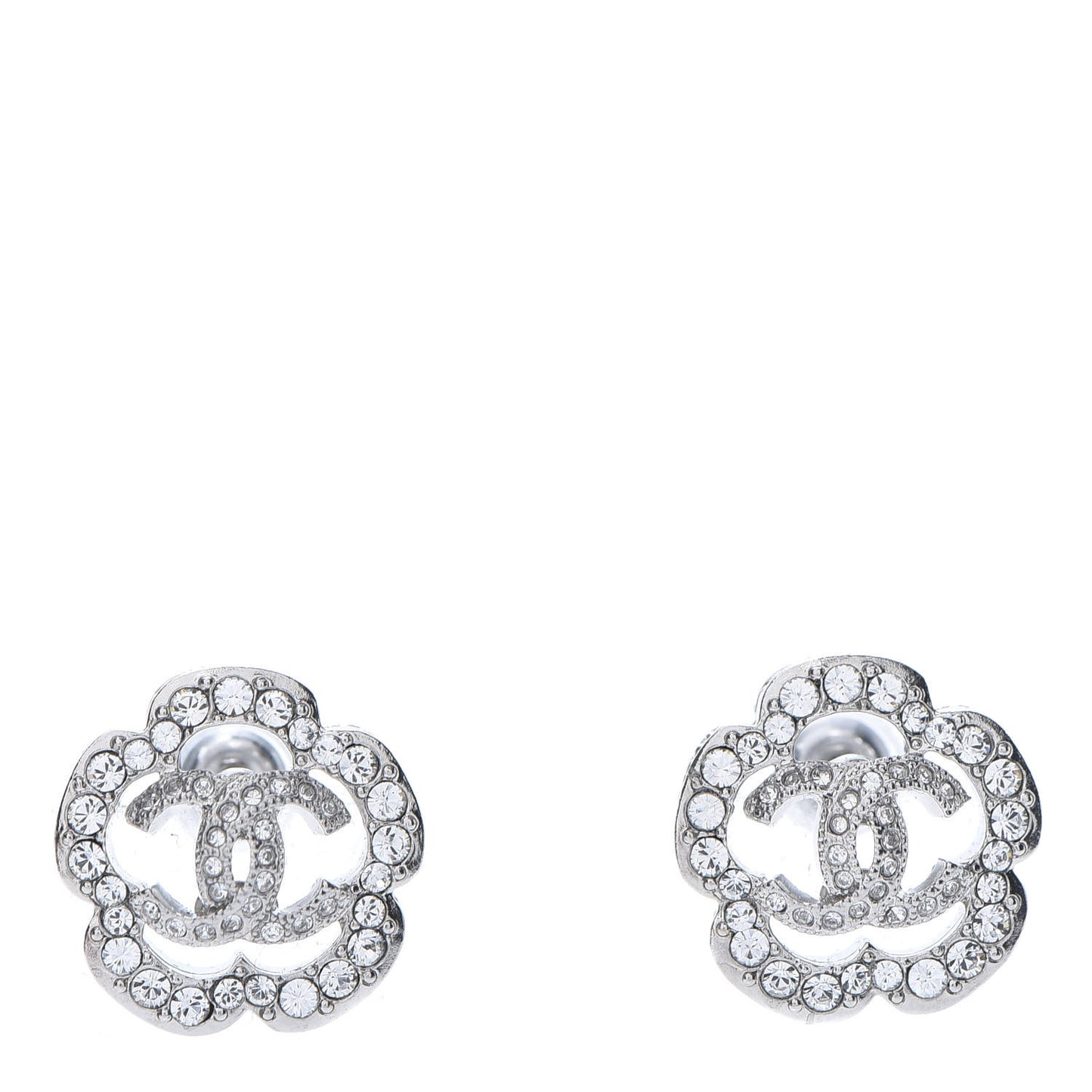 Crystal Coco Flapper Camellia CC Stud Earrings Silver