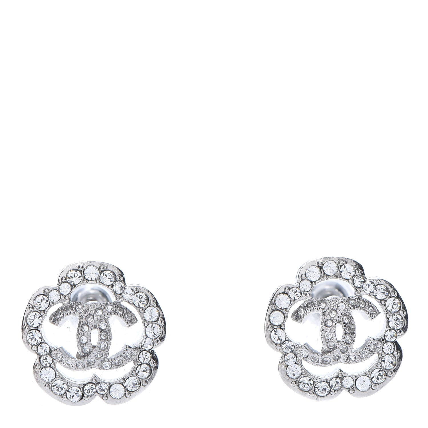 Chanel Crystal Coco Flapper Camellia CC Stud Earrings Silver 1 of 5