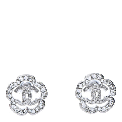 Chanel Crystal Coco Flapper Camellia CC Stud Earrings Silver 1 of 5