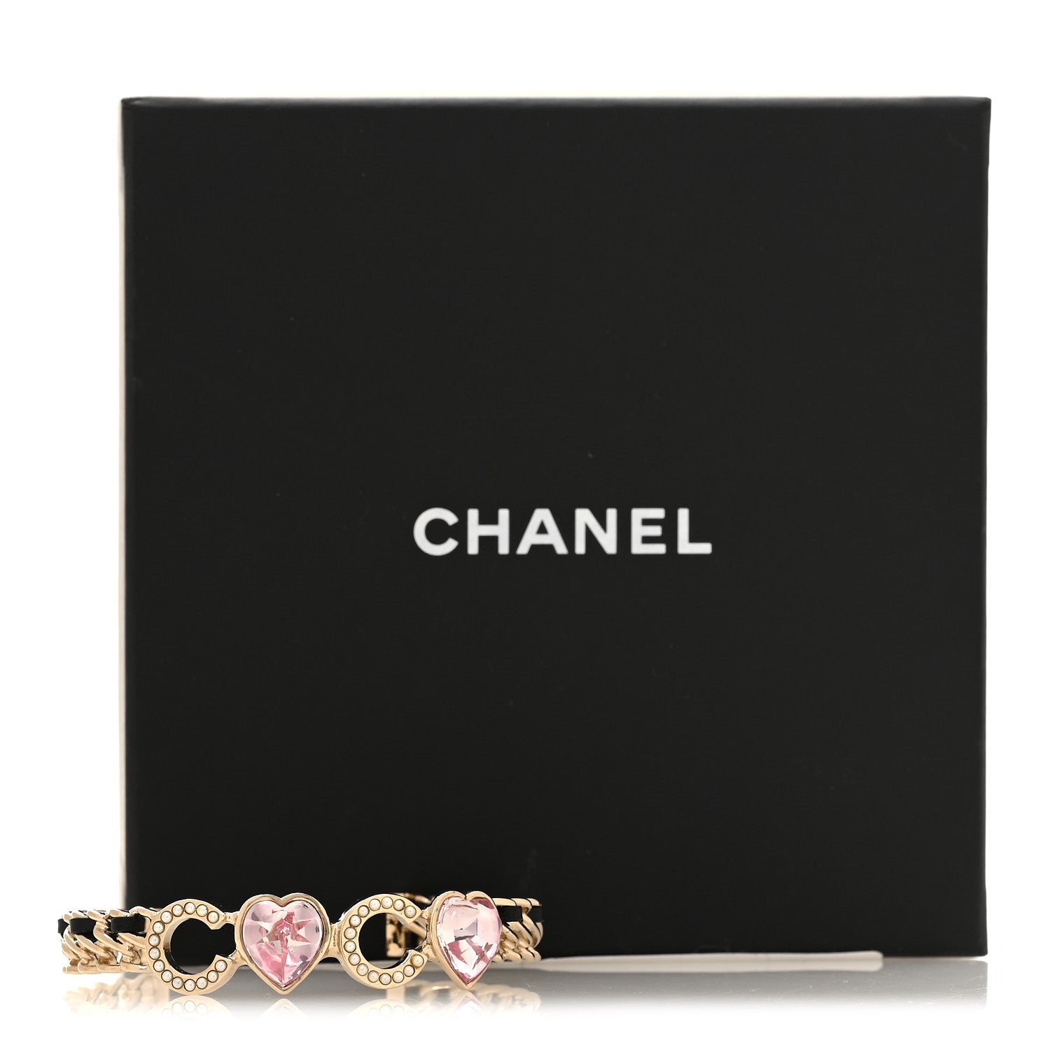 Chanel Crystal Pearl Coco Heart Chain Cuff Bracelet M Pink 5 of 5