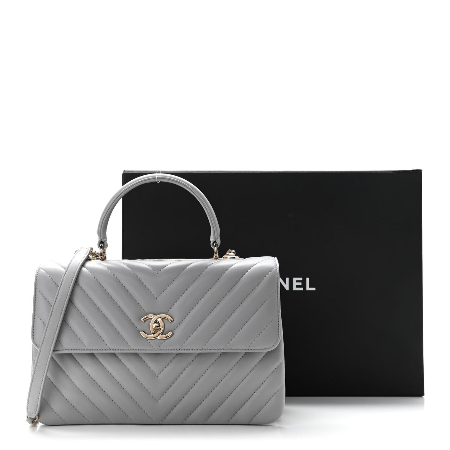Lambskin Chevron Quilted Medium Trendy CC Dual Handle Flap Bag Grey