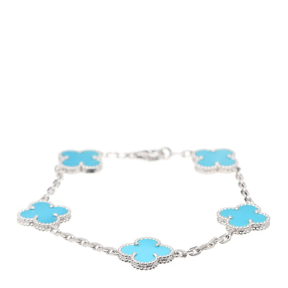 Van Cleef & Arpels 18K White Gold Turquoise 5 Motifs Vintage Alhambra Bracelet 1 of 5