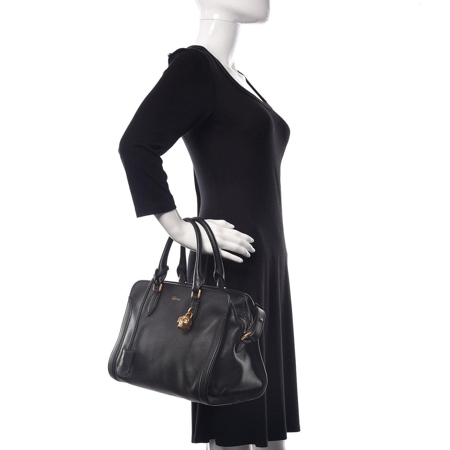Pebbled Calfskin Small Skull Padlock Zip Around Tote Black