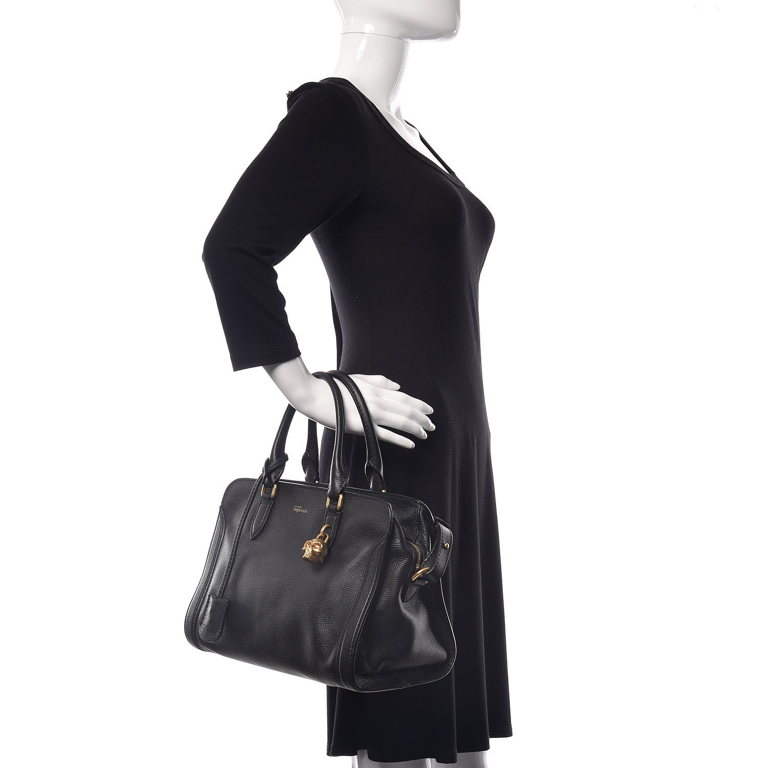 Alexander McQueen Pebbled Calfskin Small Skull Padlock Zip Around Tote Black 3 of 11