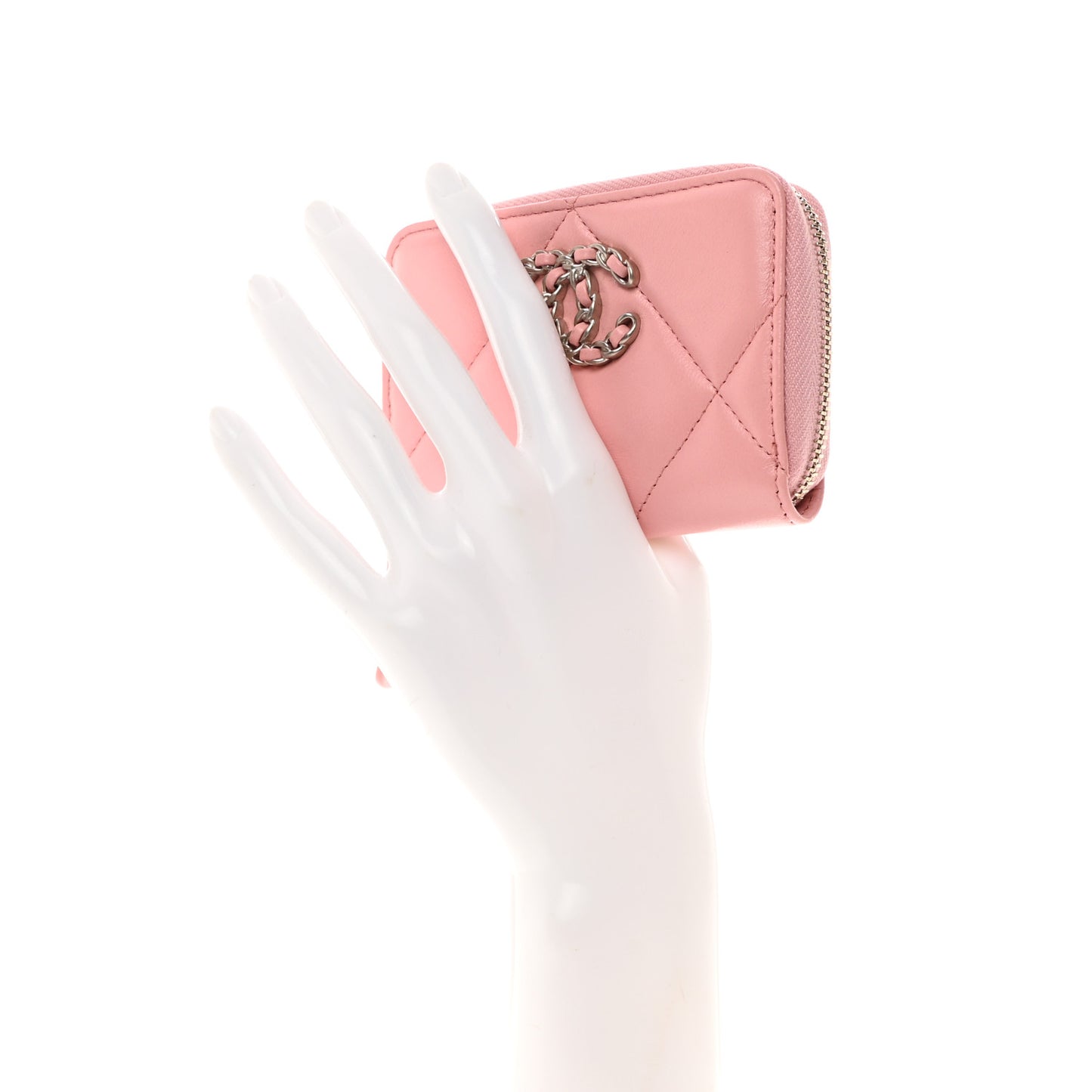 Lambskin Quilted Chanel 19 Zip Around Coin Purse Wallet Light Pink