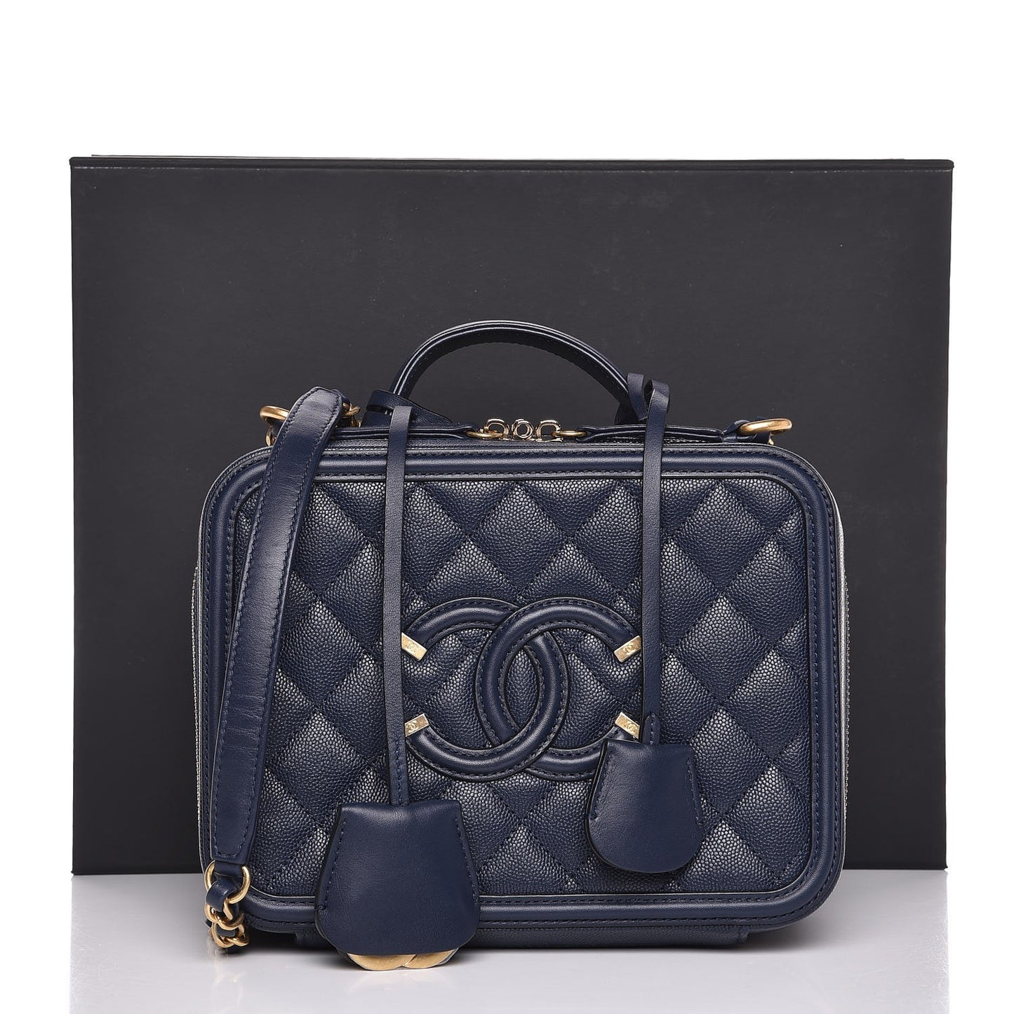 Caviar Quilted Medium CC Filigree Vanity Case Navy