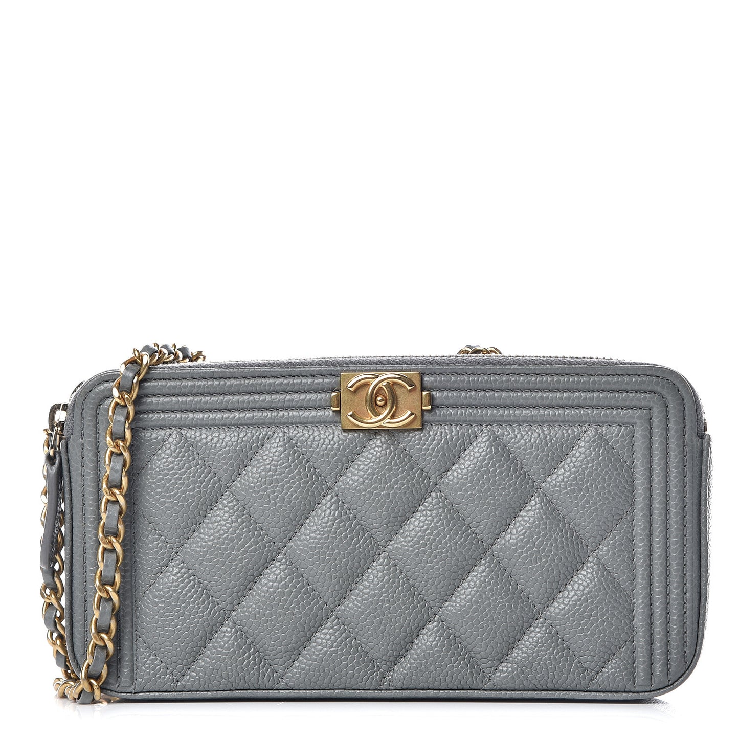 Caviar Quilted Small Boy Clutch With Chain Grey