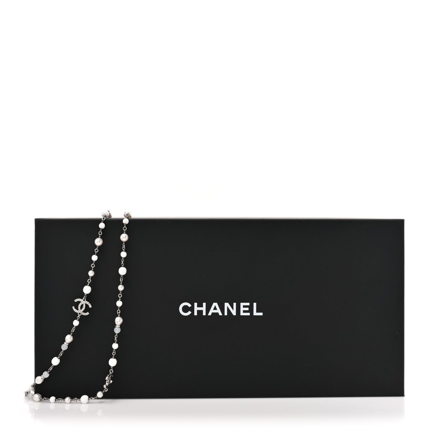 Crystal Pearl CC Long Necklace Silver Pearly White