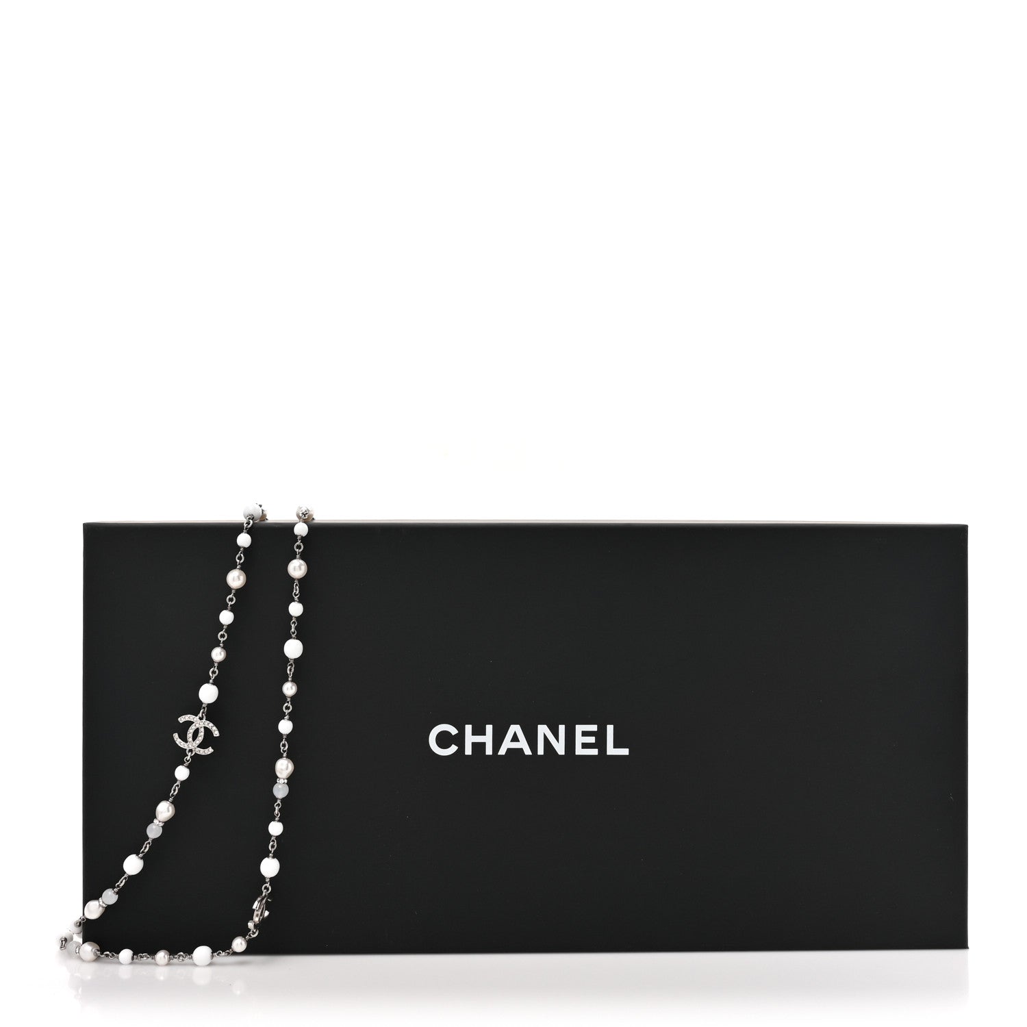 Chanel Crystal Pearl CC Long Necklace Silver Pearly White 5 of 5