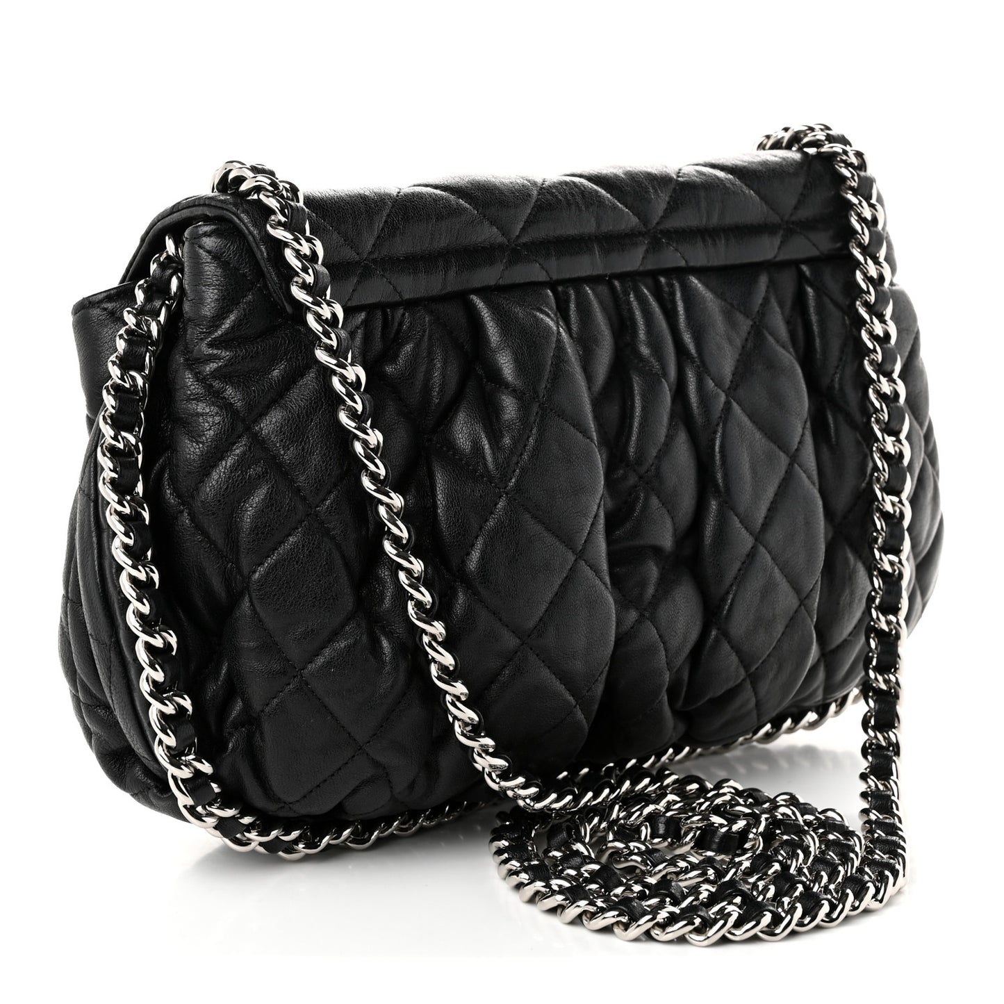 Washed Lambskin Quilted Large Chain Around Flap Black