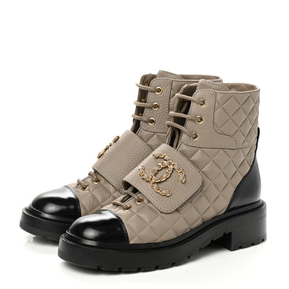 Chanel Calfskin Shiny Calfskin Quilted Lace Up Combat Boots 37.5 Dark Beige Black 3 of 9