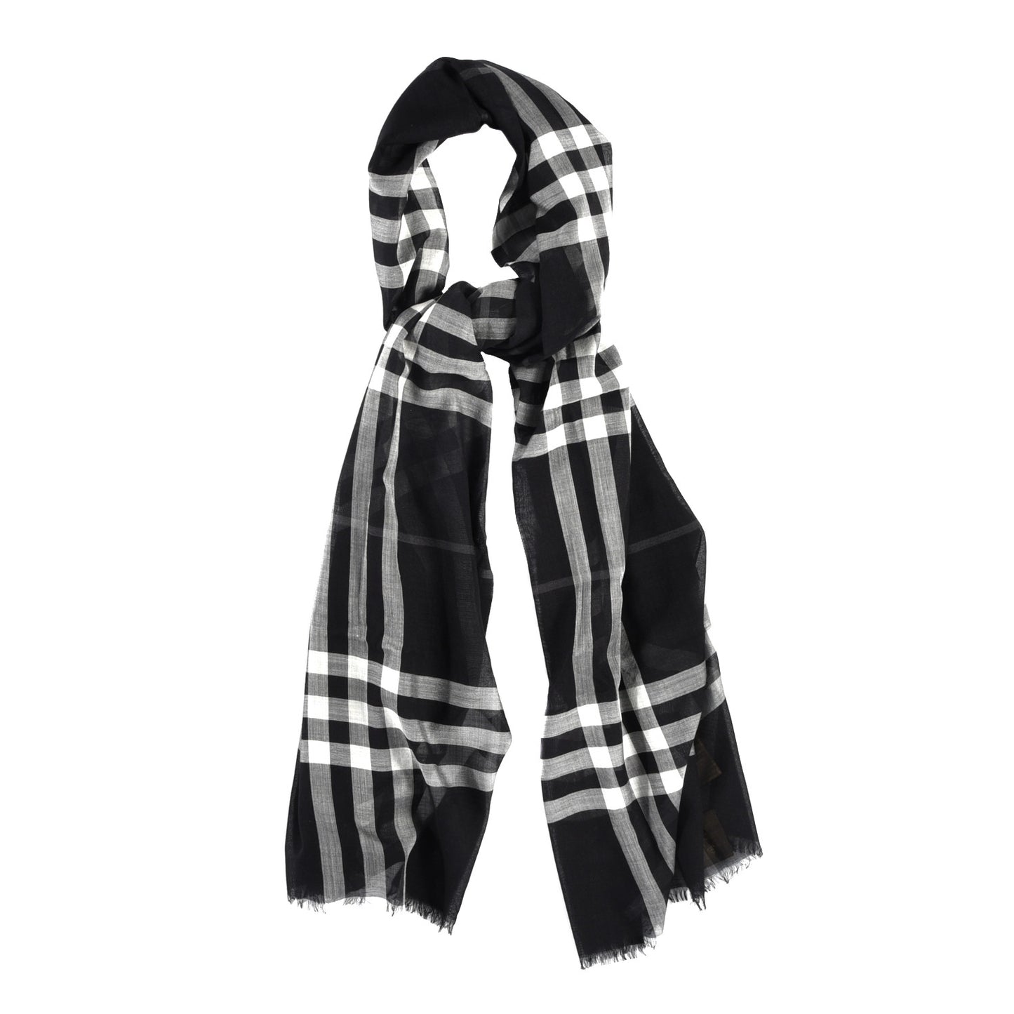 Wool Silk Gauze Giant Check Scarf Black
