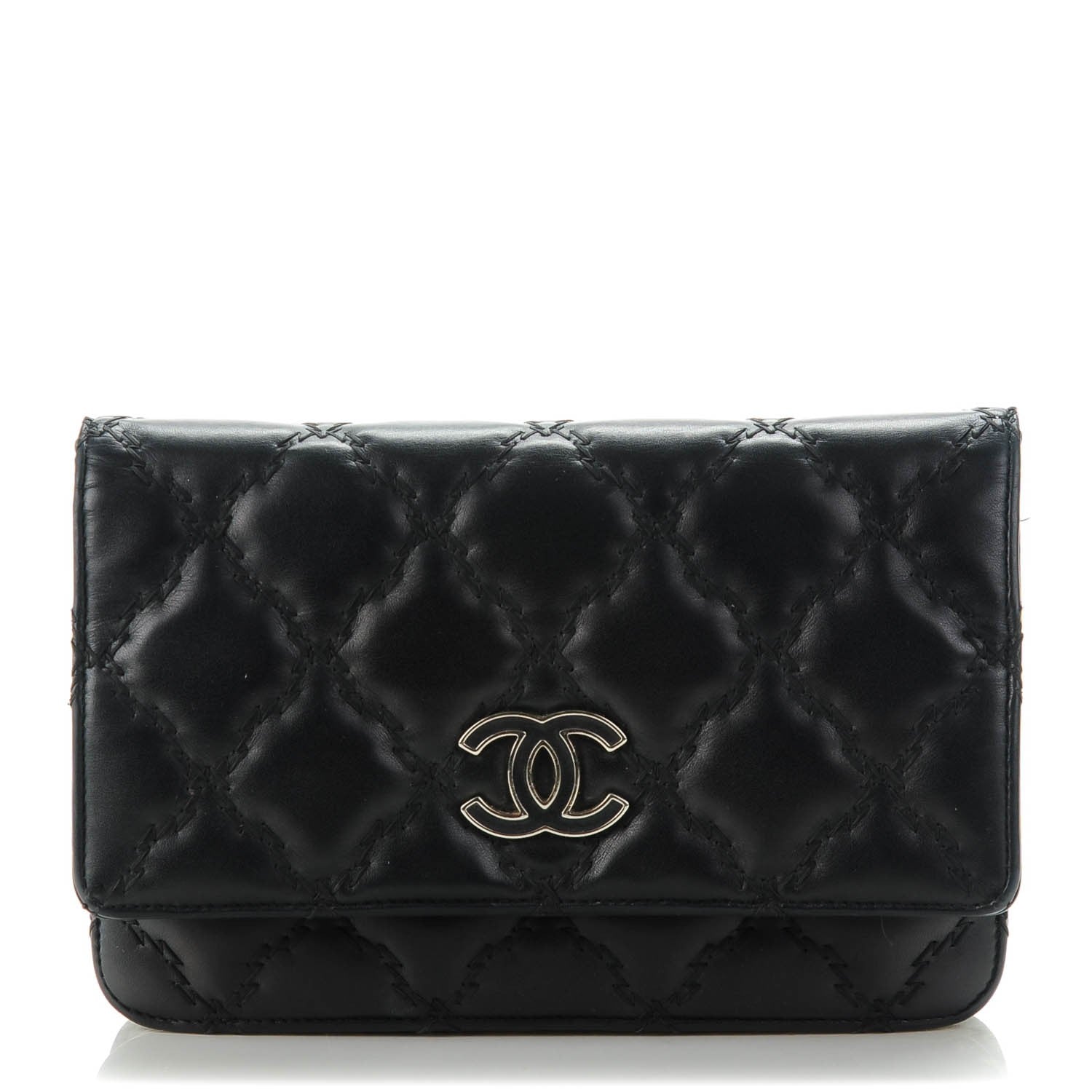 Chanel Calfskin Double Stitch Hamptons Wallet On Chain WOC Black 1 of 8