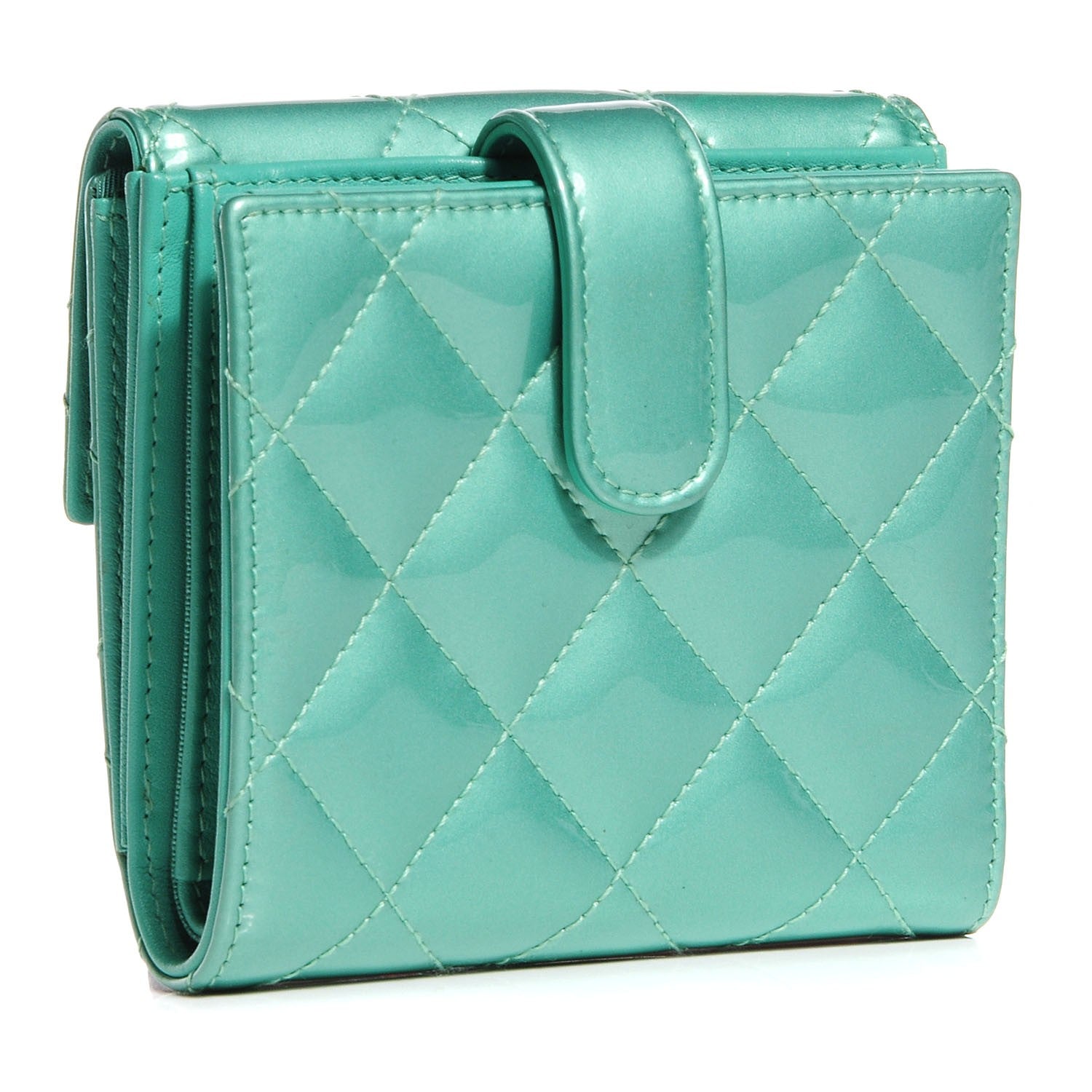Chanel Patent Quilted Compact Wallet Green 3 of 7