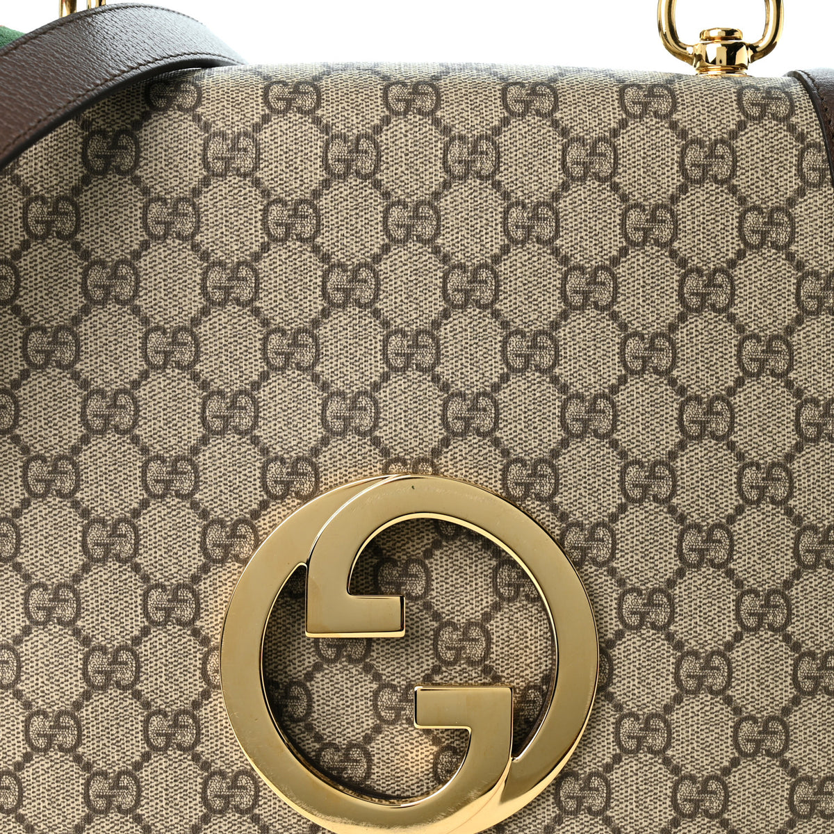 GG Supreme Monogram Textured Dollar Calfskin Web Medium Blondie Top Handle Shoulder Flap Bag Beige Ebony New Acero