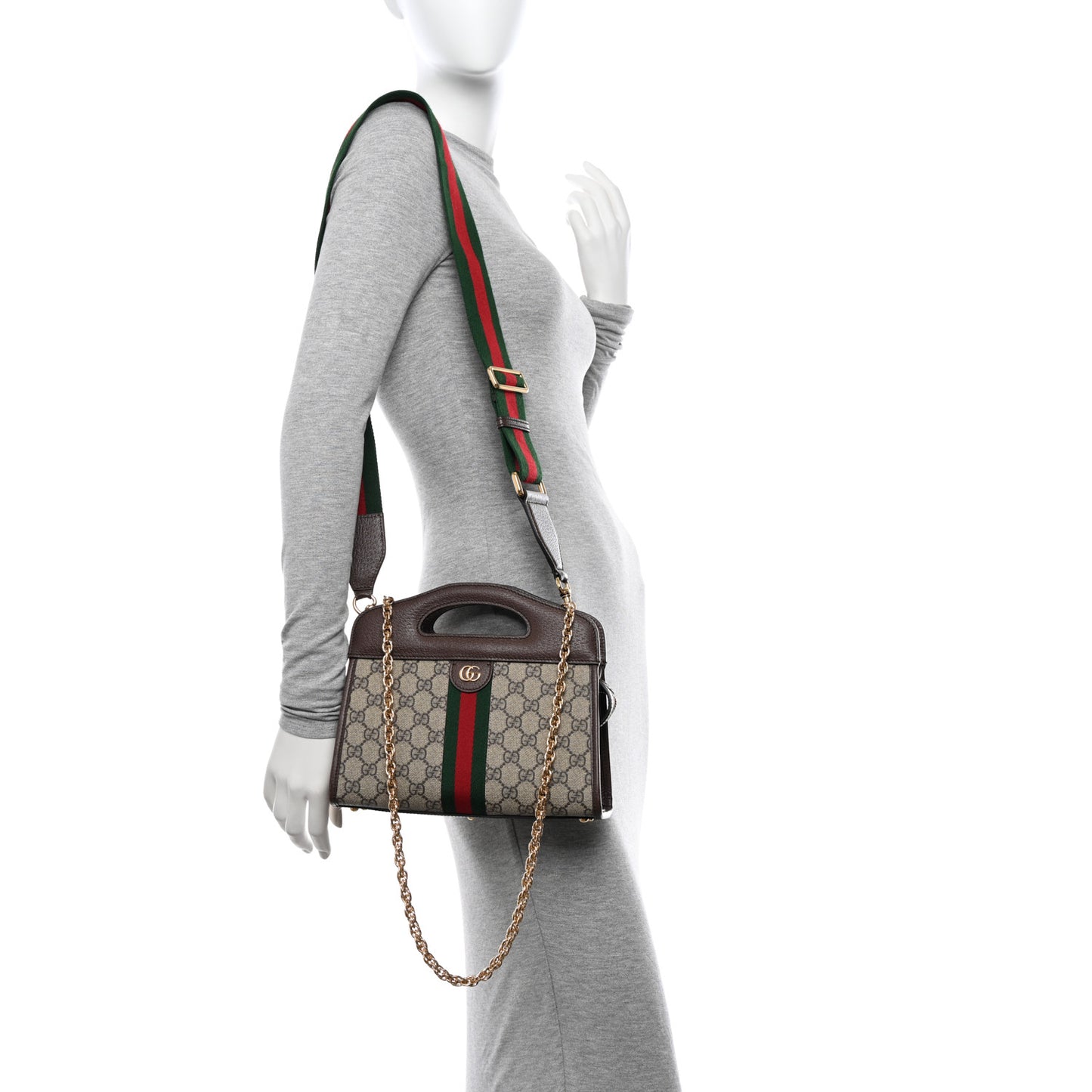 GG Supreme Monogram Textured Dollar Calfskin Web Small Ophidia Slip Handle Tote Beige Ebony New Acero