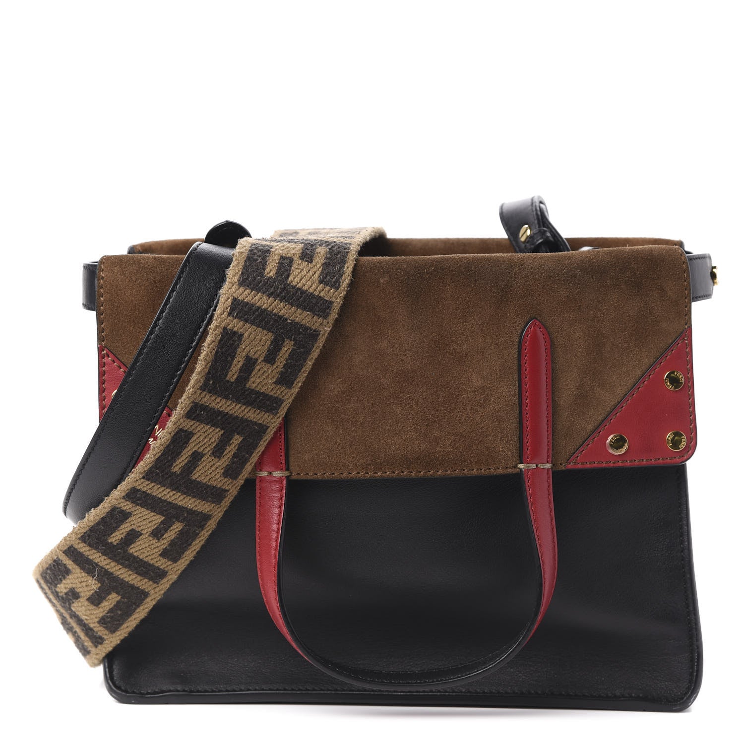 Fendi Vitello Grace Suede Small Flip Tote Black Fragola Marrone 1 of 10