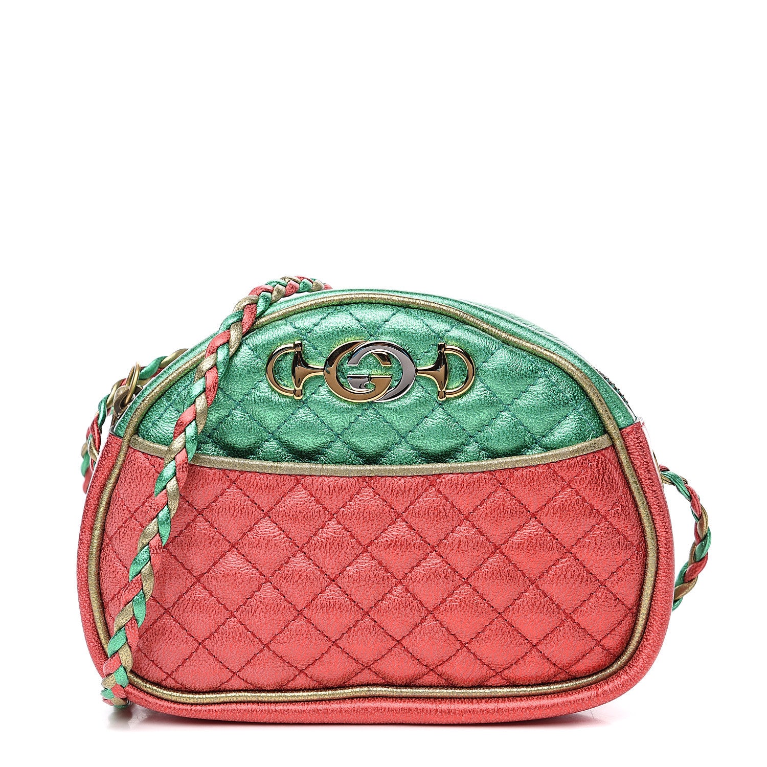 Gucci Laminated Nappa Trapuntata Mini Zumi Dome Shoulder Bag Rosso Jasmine Green Rame 2 of 9