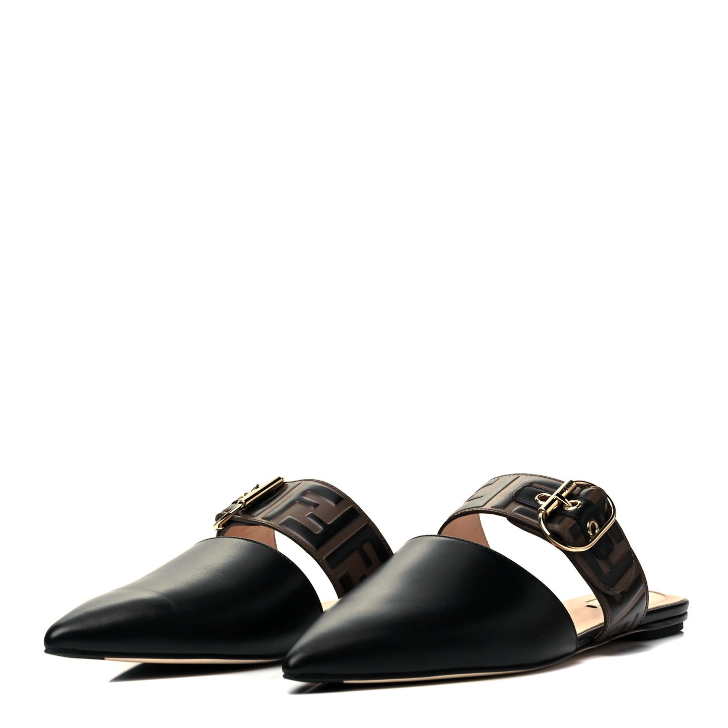 Vitello FF Embossed Buckle Flat Mules 41 Maya Black
