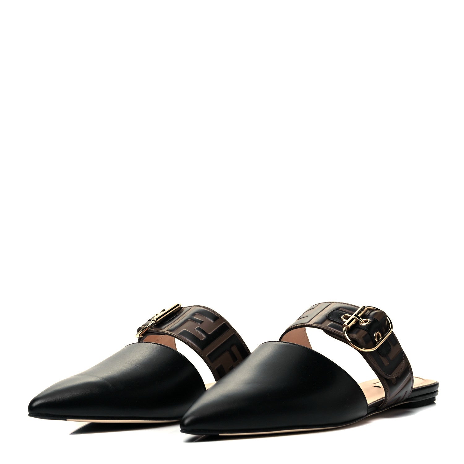 Fendi Vitello FF Embossed Buckle Flat Mules 41 Maya Black 3 of 7