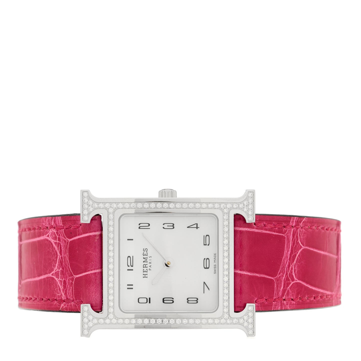 Stainless Steel Alligator Diamond Bezel Mother of Pearl 26mm Heure H Hour Quartz Watch Framboise
