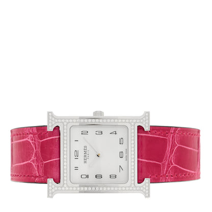Hermes Stainless Steel Alligator Diamond Bezel Mother of Pearl 26mm Heure H Hour Quartz Watch Framboise 2 of 5