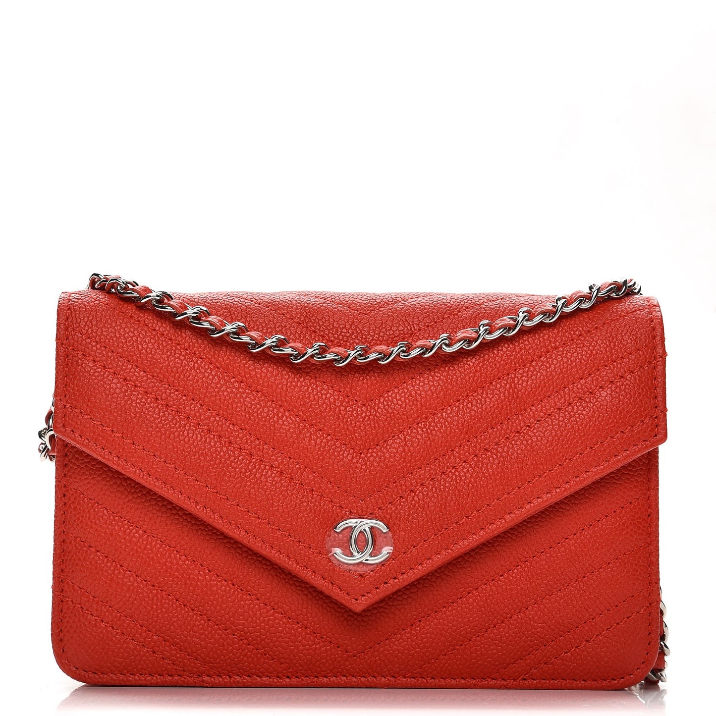 Caviar Chevron Quilted Statement Wallet On Chain WOC Red