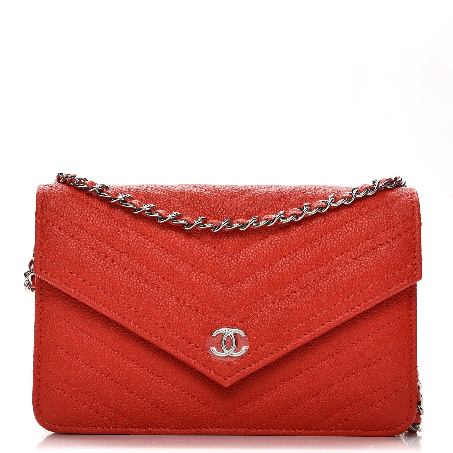 Chanel Caviar Chevron Quilted Statement Wallet On Chain WOC Red 1 of 9