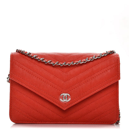 Chanel Caviar Chevron Quilted Statement Wallet On Chain WOC Red 1 of 9
