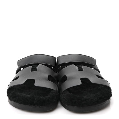 Hermes Calfskin Woolskin Womens Chypre Sandals 39 Black 3 of 10