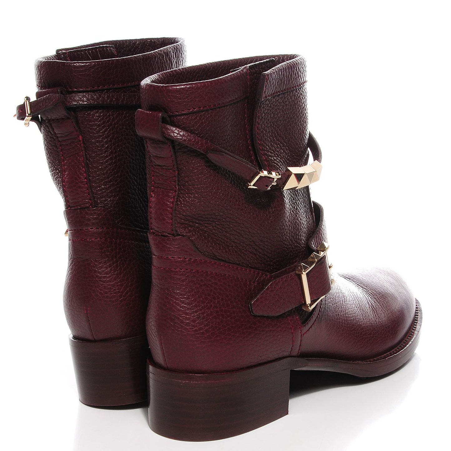 Pebbled Calfskin Rockstud Biker Boots 38 Rubin